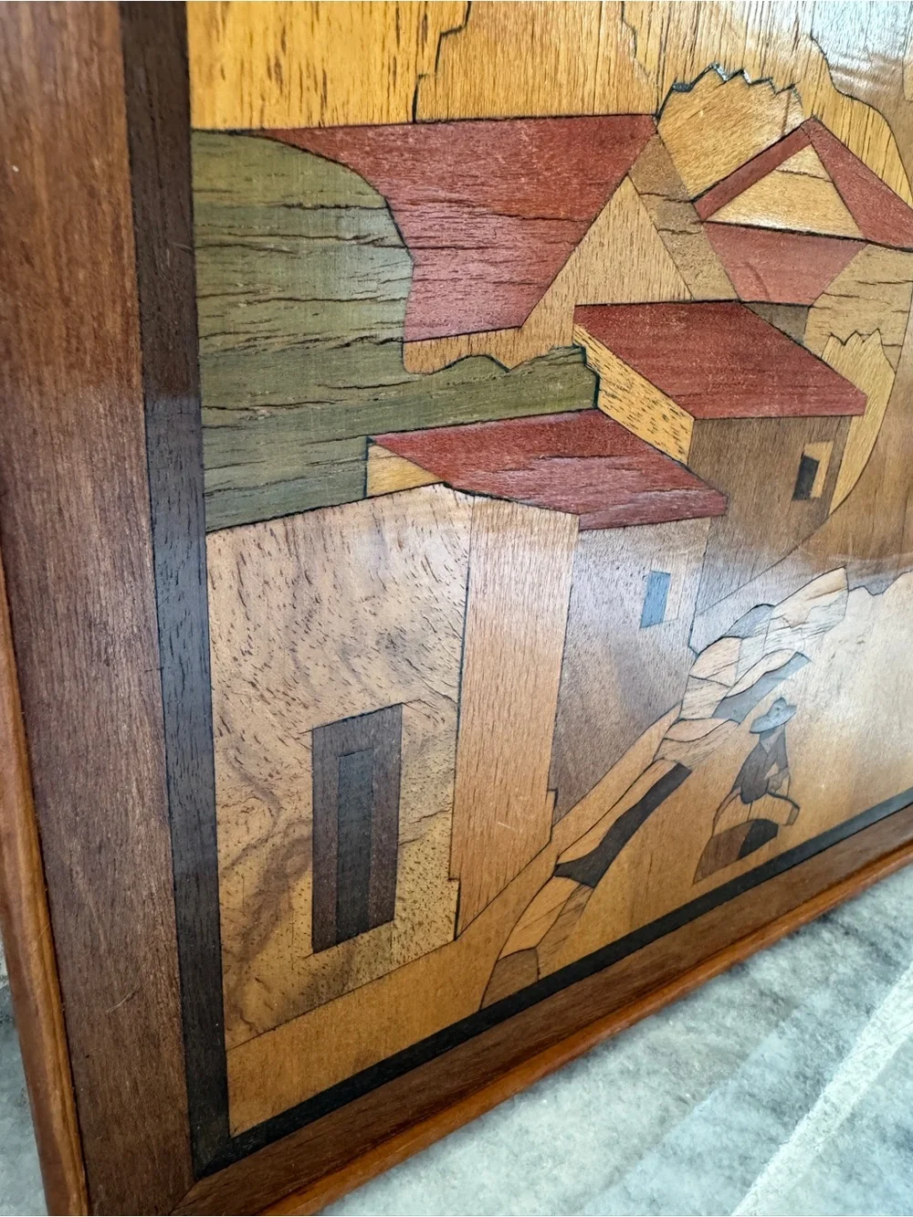 1970’s Handcrafted Wood Marquetry Wall Art in Brown and Red